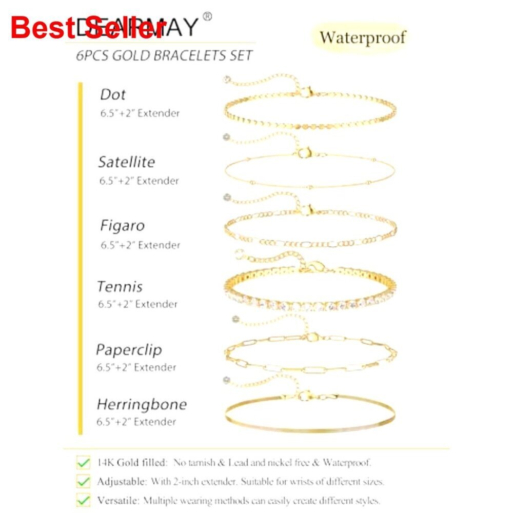 Gold Plated Bracelets Set, 6-Piece Stackable, Adjustable Length - Picture 5 of 7
